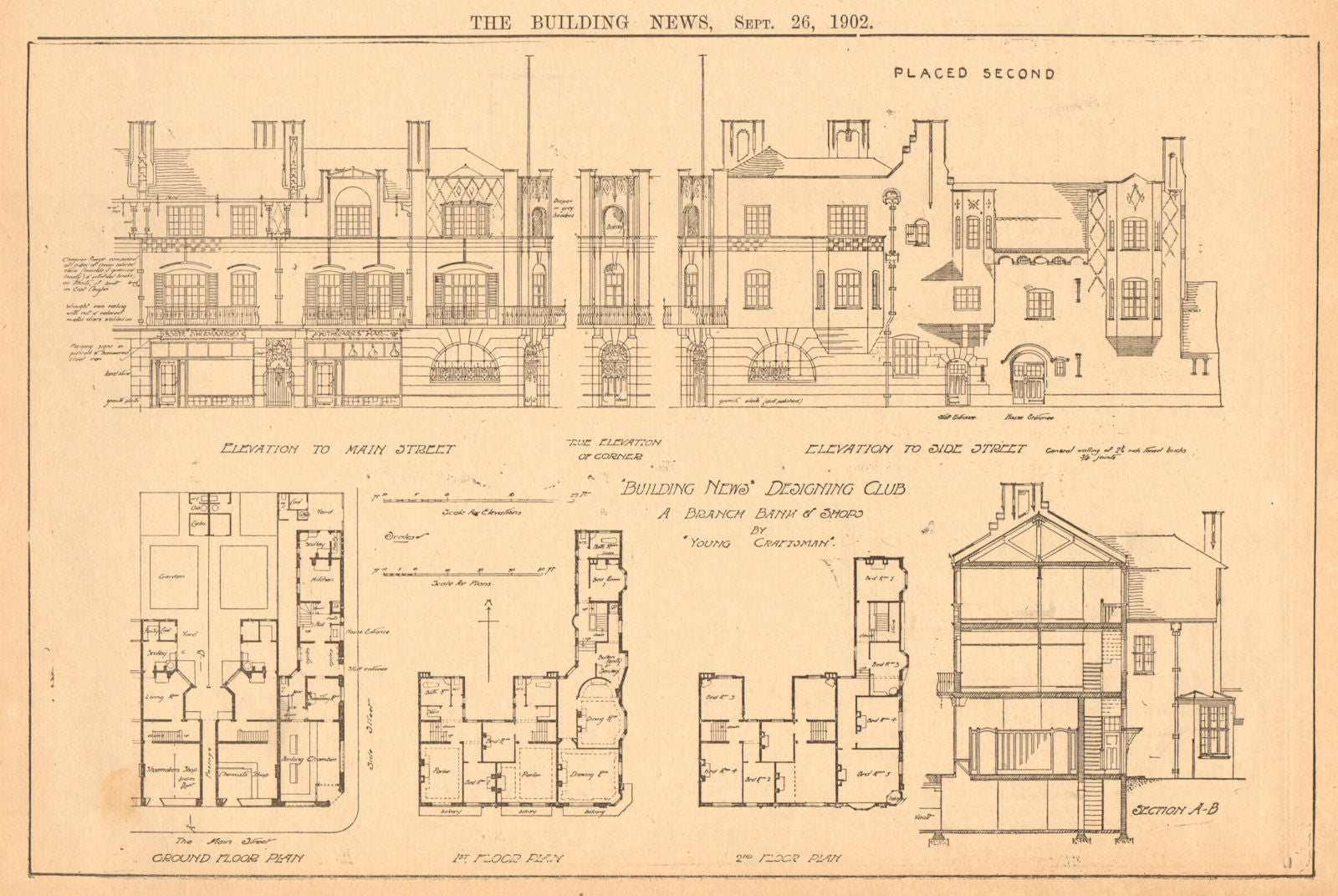 Branch bank & shops by Young Craftsman. Plans & elevations 1902 old print